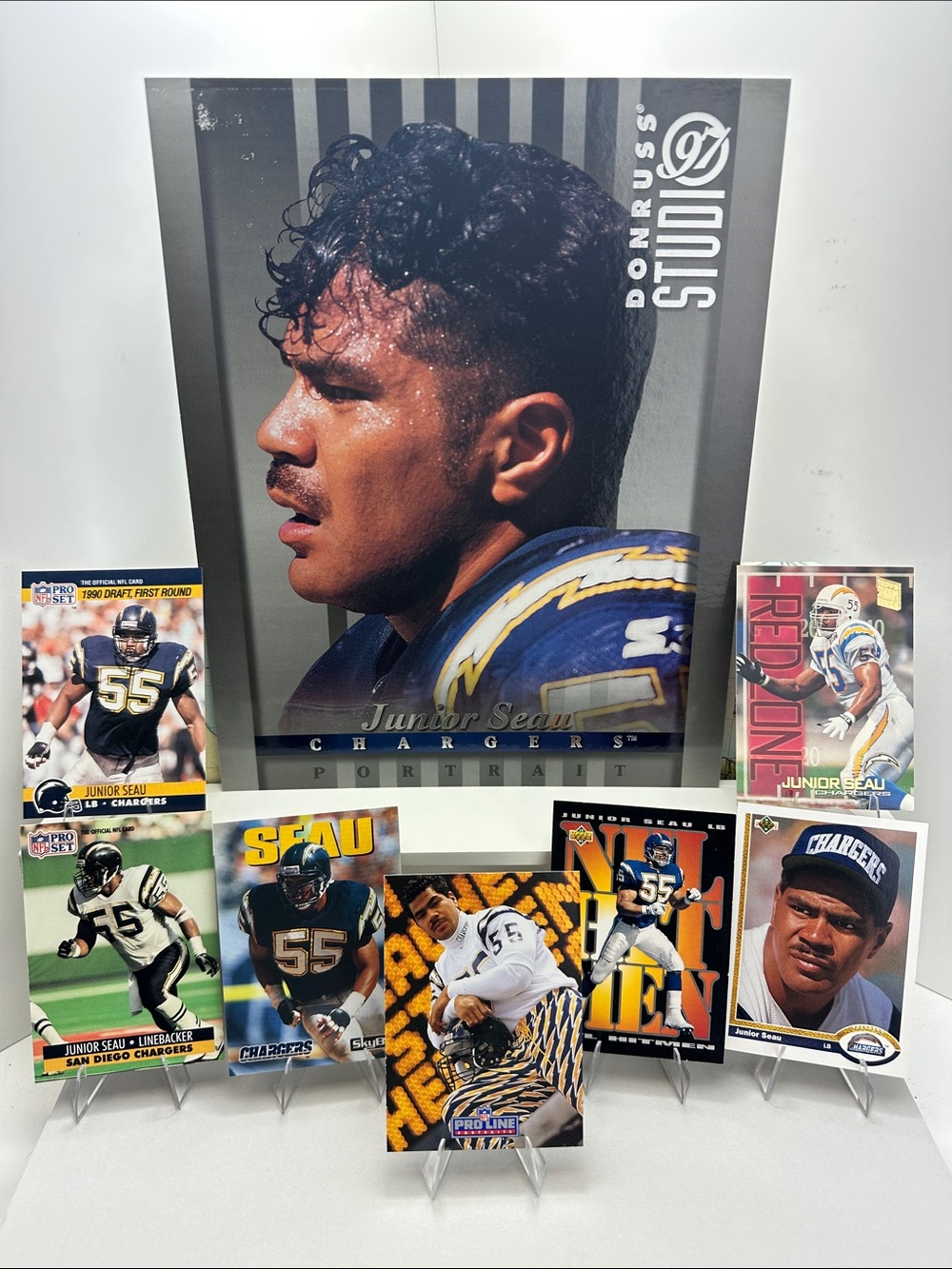Junior Seau Rookie card w/Donruss Studio 8x10 Portrait w/ Chargers card lot of 7